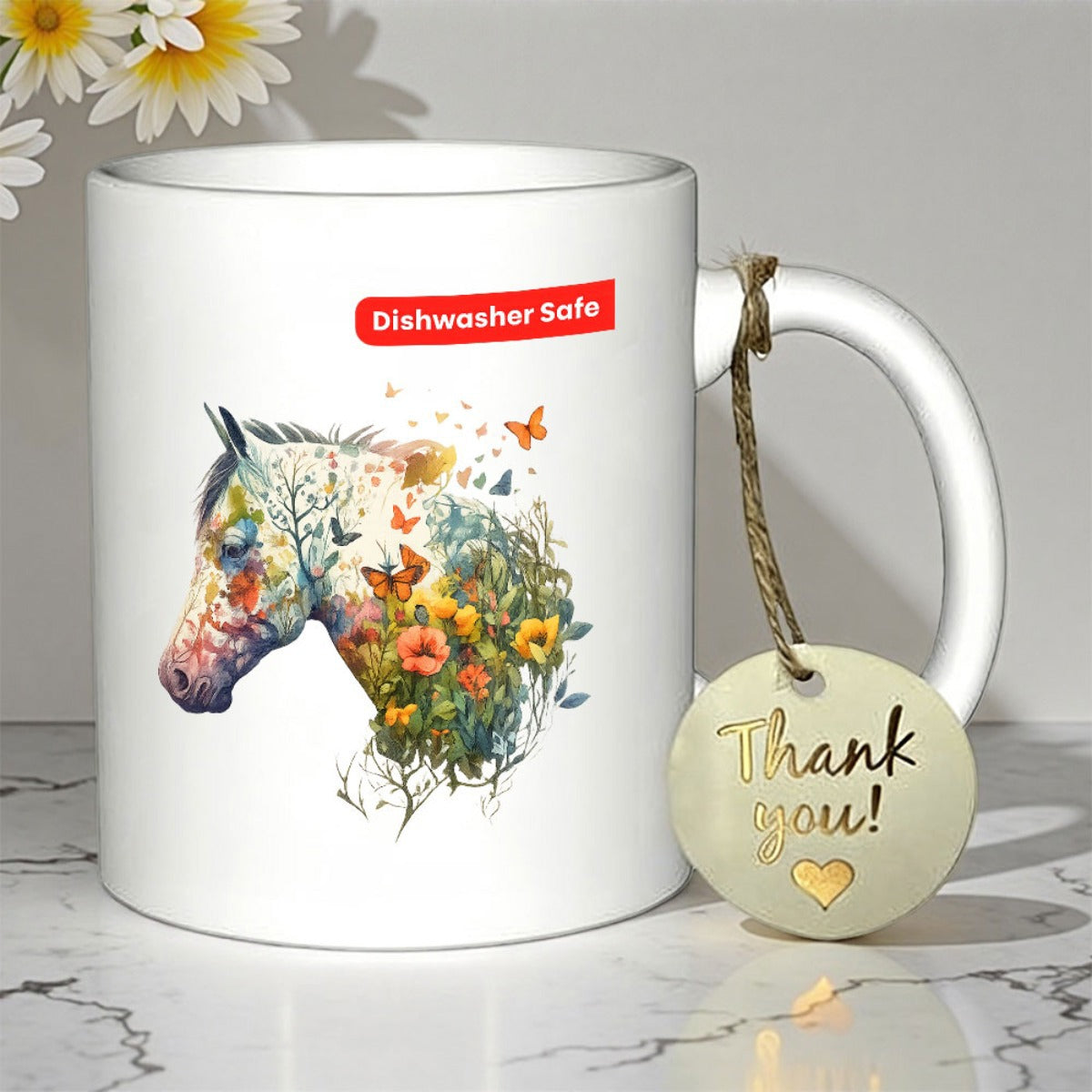 Tailorly White Ceramic 11 oz Mug - Dishwasher Safe Thank You Artistic Floral Pattern With Butterflies Fluttering Among Colorful Blooming Flowers Horse