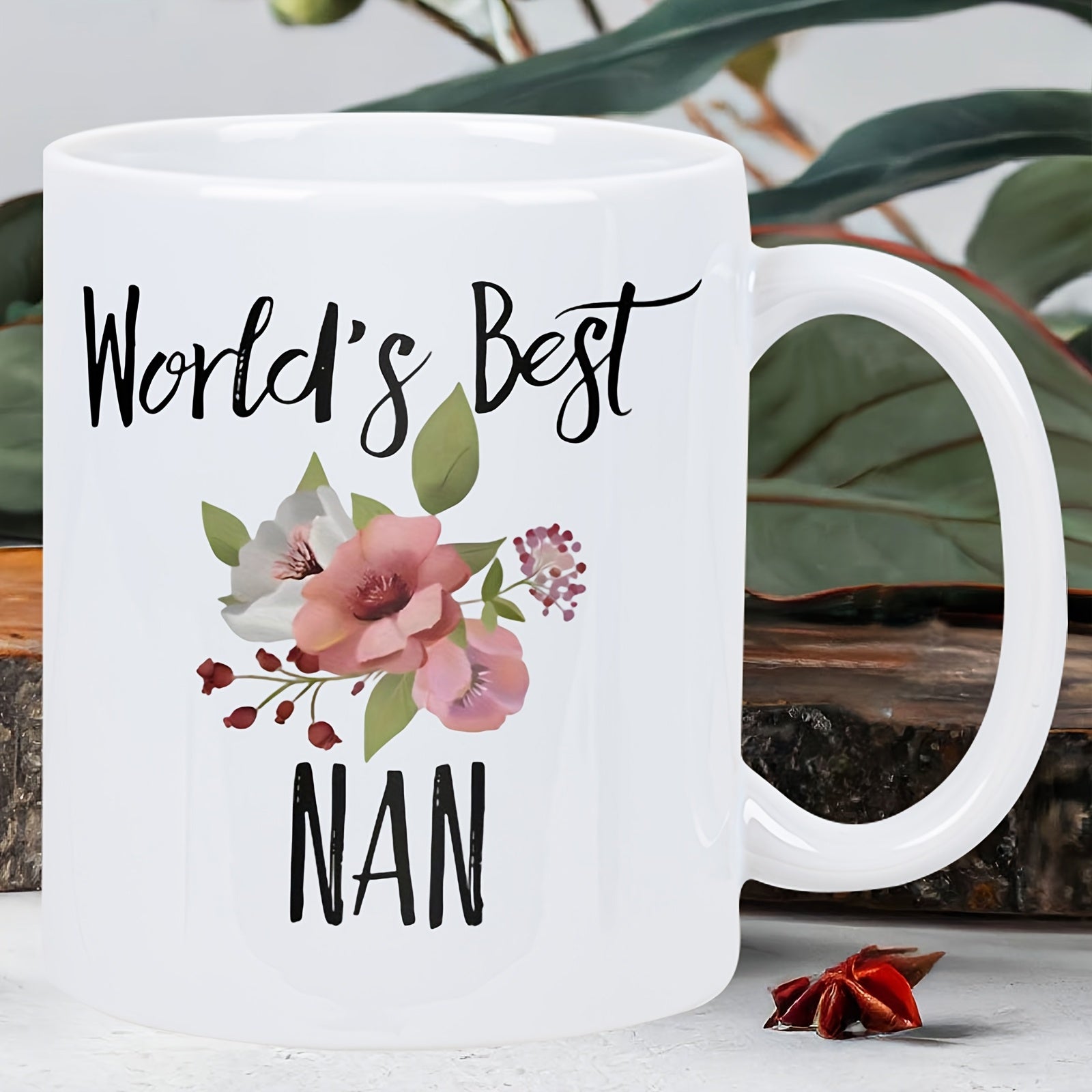 Tailorly White Ceramic 11 oz Mug - Worlds Best Nan Soft Watercolor Pink And White Petals Nestled Among Elegant Green Leaves Flower