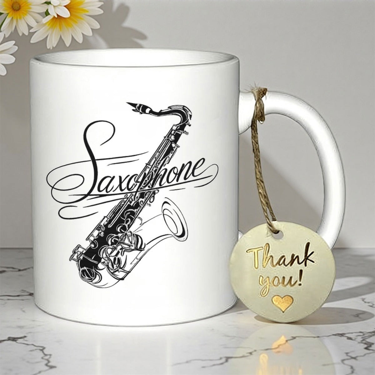 Tailorly White Ceramic 11 oz Mug - Saxophone Vintage Style Detailed Black Ink Drawing Featuring Elegant Cursive Script Saxophone