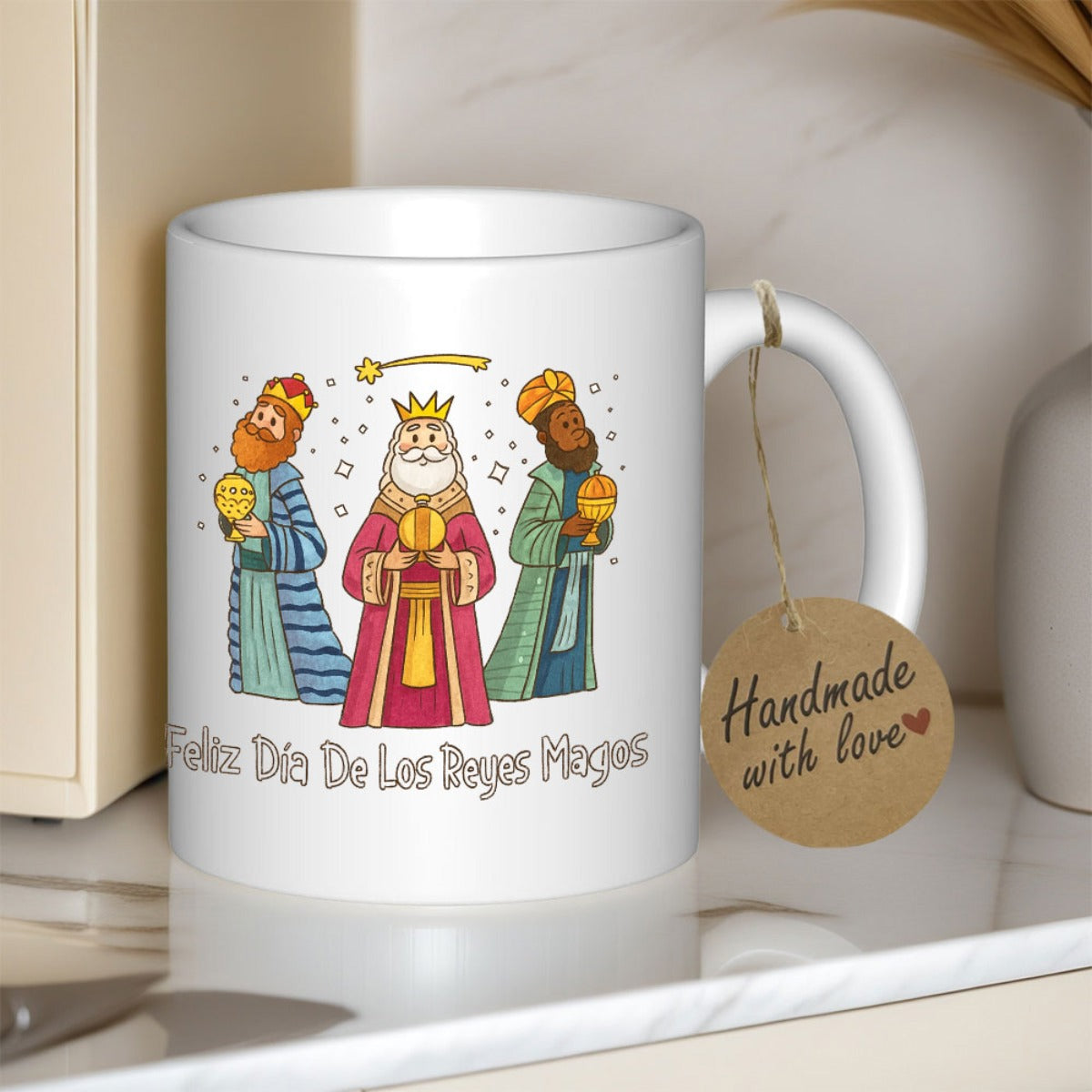 Tailorly White Ceramic 11 oz Mug - Handmade With Love Three Wise Men Bearing Sacred Gifts Under A Shining Morning Star Kings