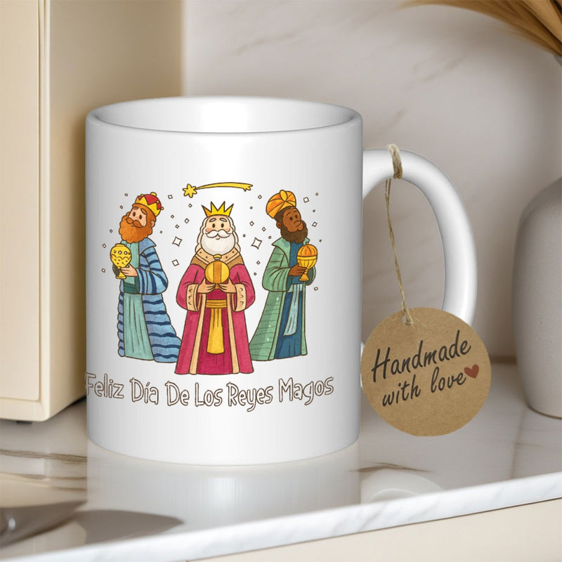 Tailorly White Ceramic 11 oz Mug - Handmade With Love Three Wise Men Bearing Sacred Gifts Under A Shining Morning Star Kings