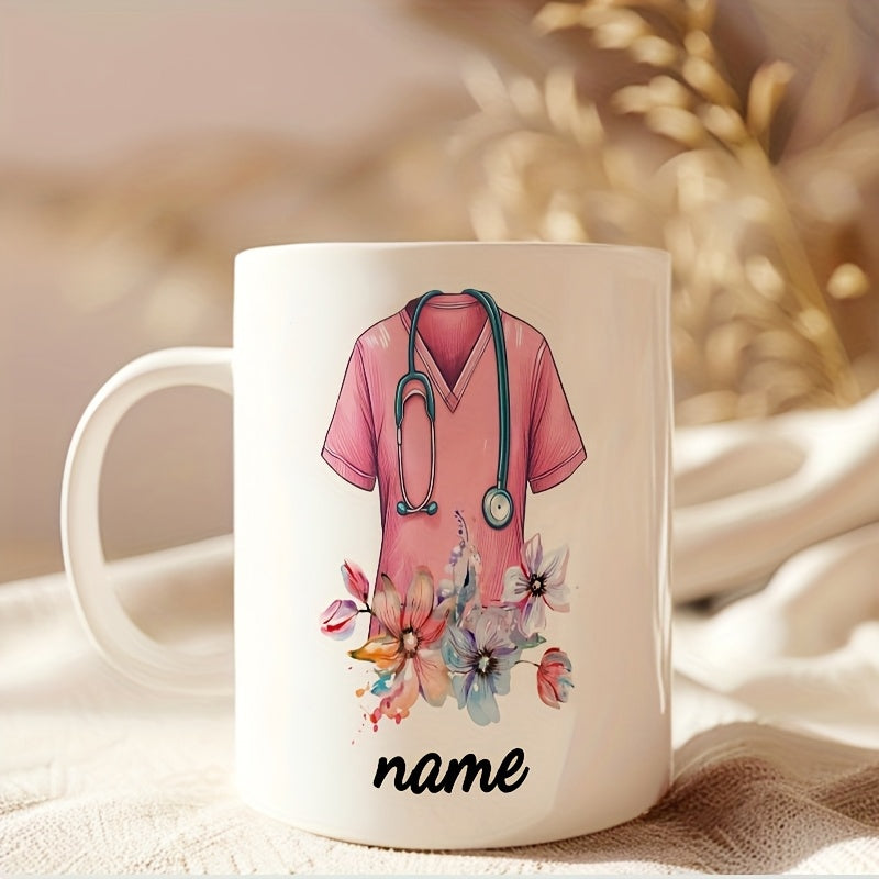 Tailorly White Ceramic 11 oz Mug - Name Pink Medical Uniform With Stethoscope And Beautiful Watercolor Blooming Flowers Scrubs