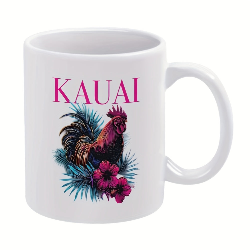 Tailorly White Ceramic 11 oz Mug - Kauai Vibrant Tropical Hibiscus Flowers Amidst Lush Palm Leaves Rooster