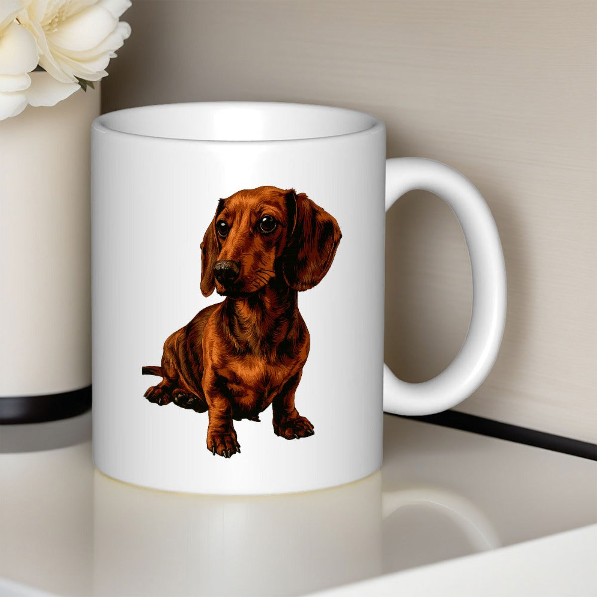 Tailorly White Ceramic 11 oz Mug - Loyal Brown Smooth Coated Dachshund Sitting Patiently With Expressive Eyes Dachshund