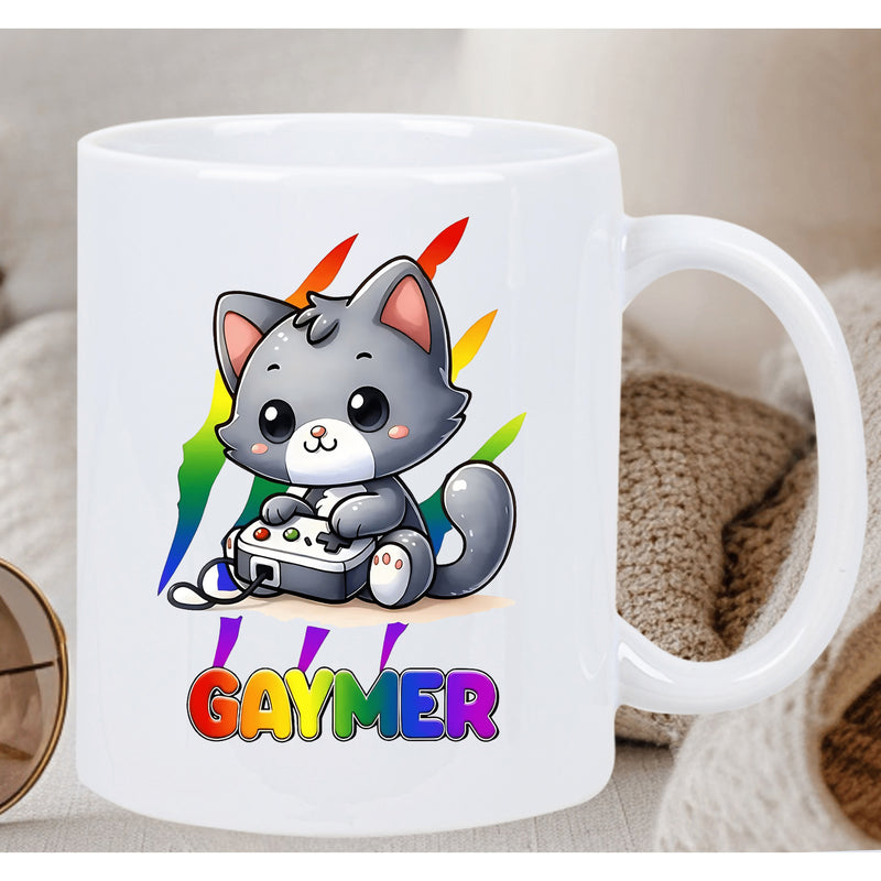 Tailorly White Ceramic 11 oz Mug - Gaymer Adorable Grey Kitten Playing Video Games With Rainbow Background Colorful Scratches Cat