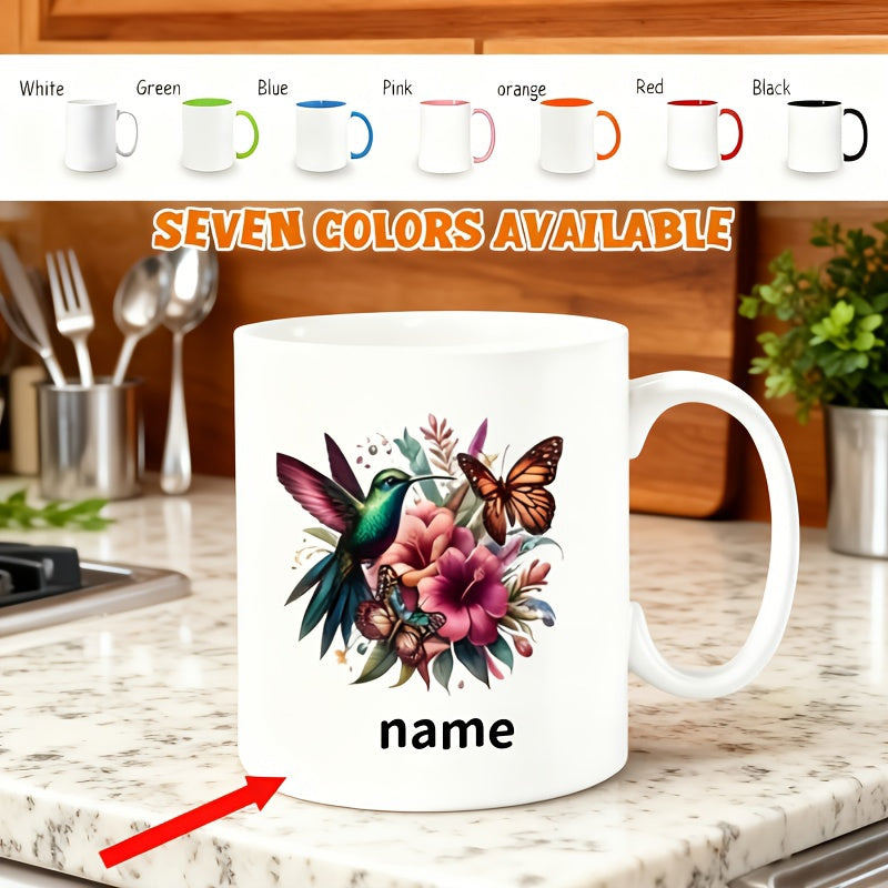 Tailorly White Ceramic 11 oz Mug - Vibrant Tropical Wings Hovering Among Pink Hibiscus Flowers And Butterfly Hummingbird