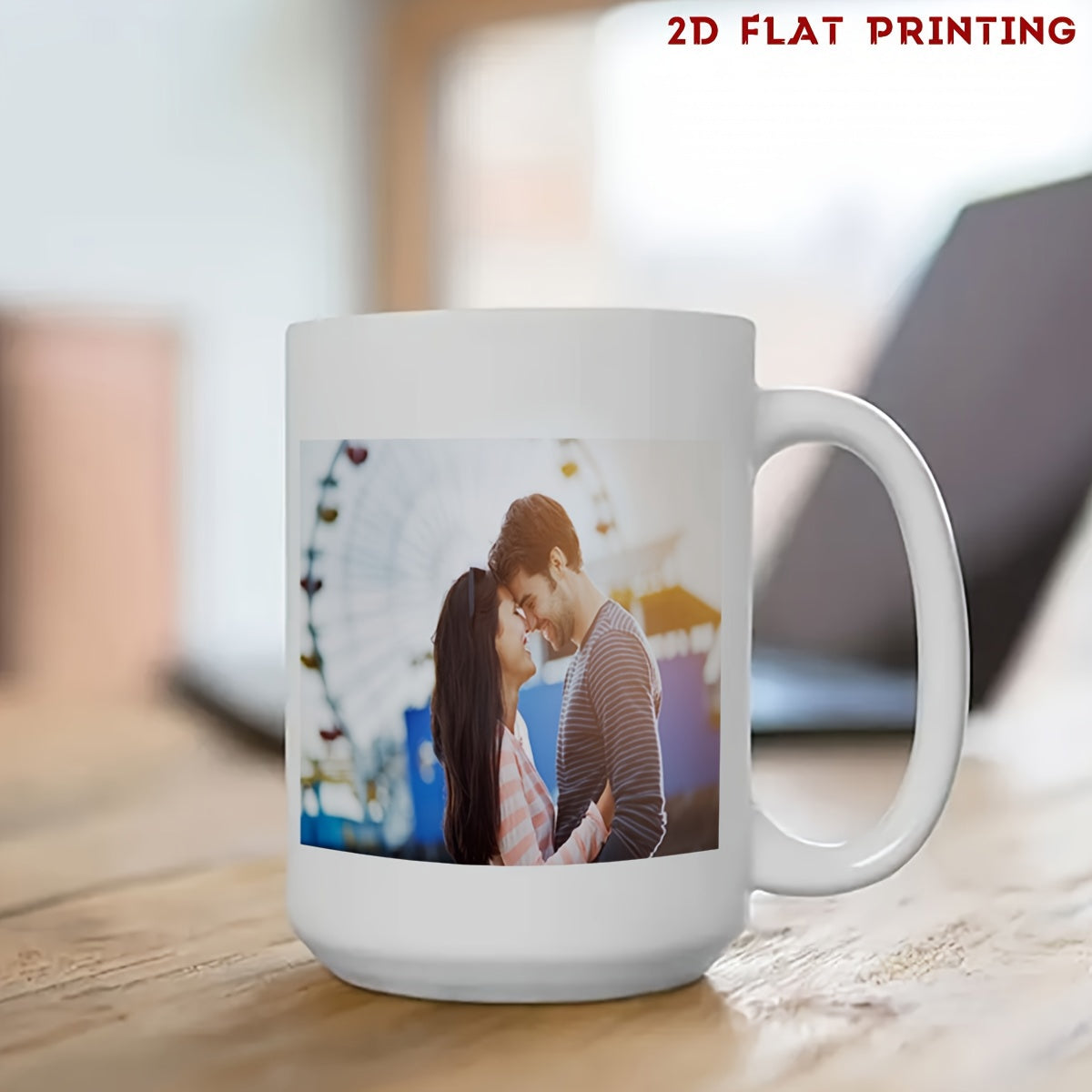 Tailorly White Ceramic 11 oz Mug - Romantic Smiling Man And Woman Standing Near A Carnival Ferris Wheel Couple
