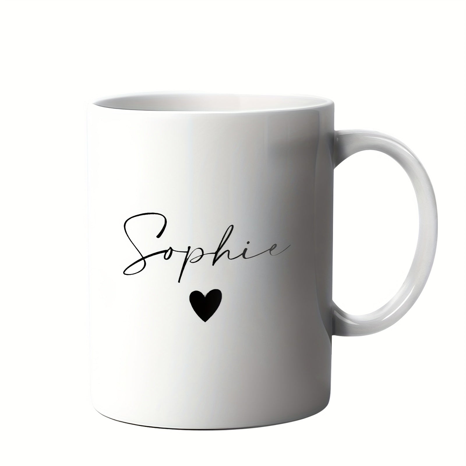 Tailorly White Ceramic 11 oz Mug - Sophie Elegant Minimalist Black Script Featuring A Small Centered Solid Heart