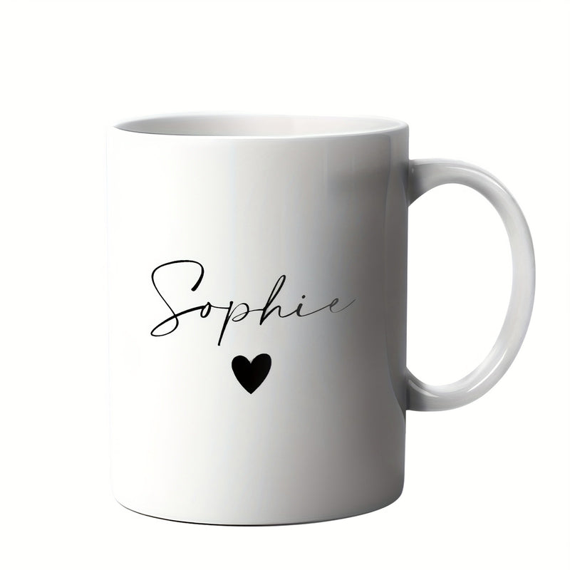 Tailorly White Ceramic 11 oz Mug - Sophie Elegant Minimalist Black Script Featuring A Small Centered Solid Heart