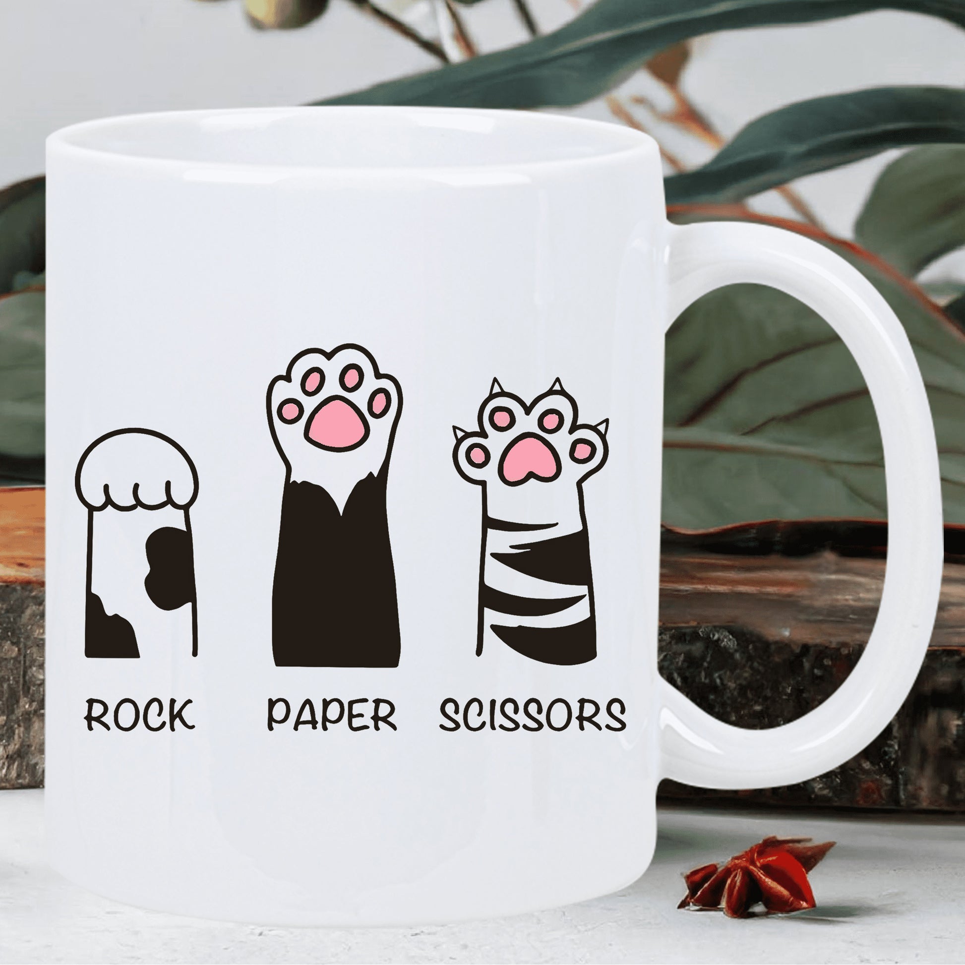 Tailorly White Ceramic 11 oz Mug - Rock Paper Scissors Cute Playful Feline Gestures Among Stylized Paw Print Art Paw