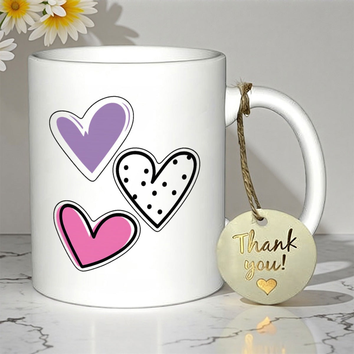 Tailorly White Ceramic 11 oz Mug - Thank You Three Colorful Stylized Hearts With Polka Dots And Bold Outlines Heart
