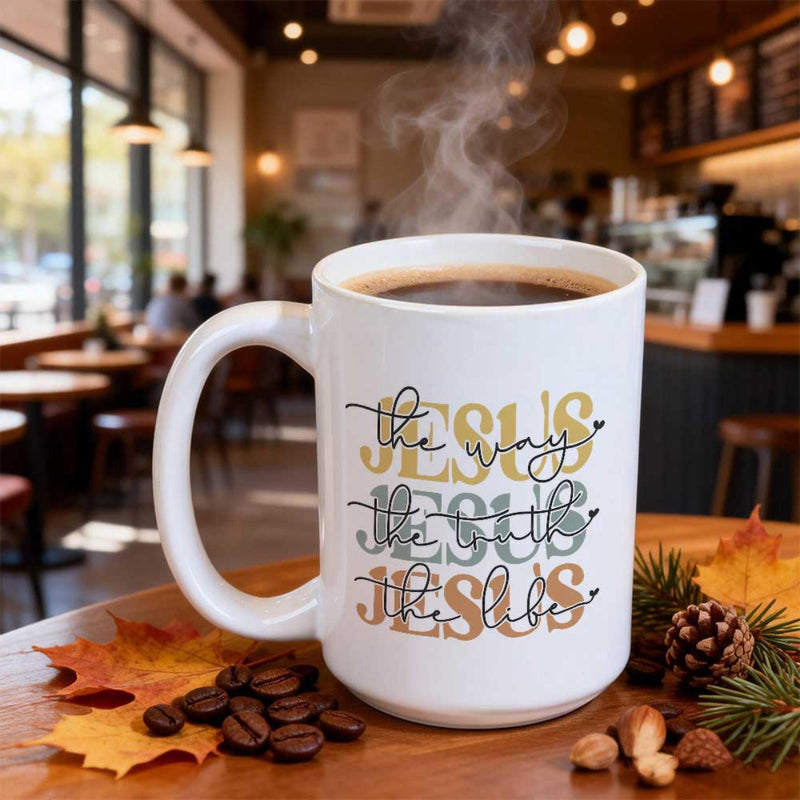 Tailorly White Ceramic 11 oz Mug - Jesus The Way The Truth The Life Steaming Hot Coffee In White Ceramic Cup Surrounded By Leaves Mug
