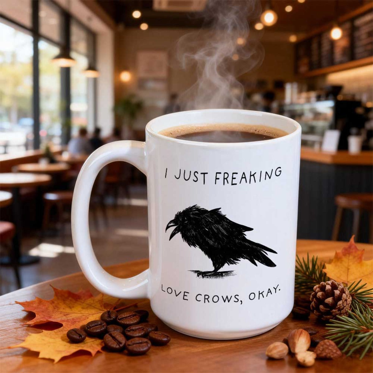 Tailorly White Ceramic 11 oz Mug - I Just Freaking Love Crows Okay Minimalist Black Ink Bird Resting On Smooth White Ceramic Background Crow