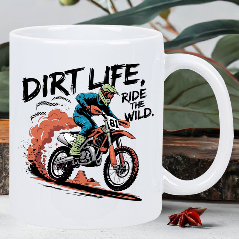 Tailorly White Ceramic 11 oz Mug - Dirt Life Ride The Wild Motocross Rider Racing Through Dusty Trail Under Open Sky Action Packed Motocross