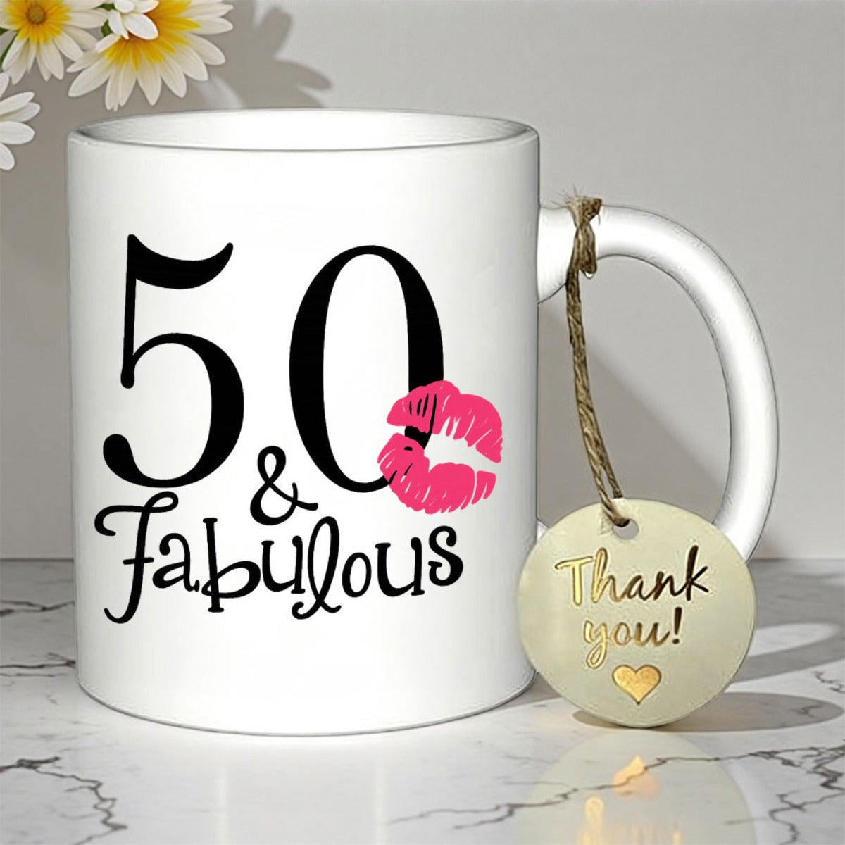 Tailorly White Ceramic 11 oz Mug - 50 Fabulous Bold Black Numeric Typography With Vivid Pink Glossy Lip Print Mug