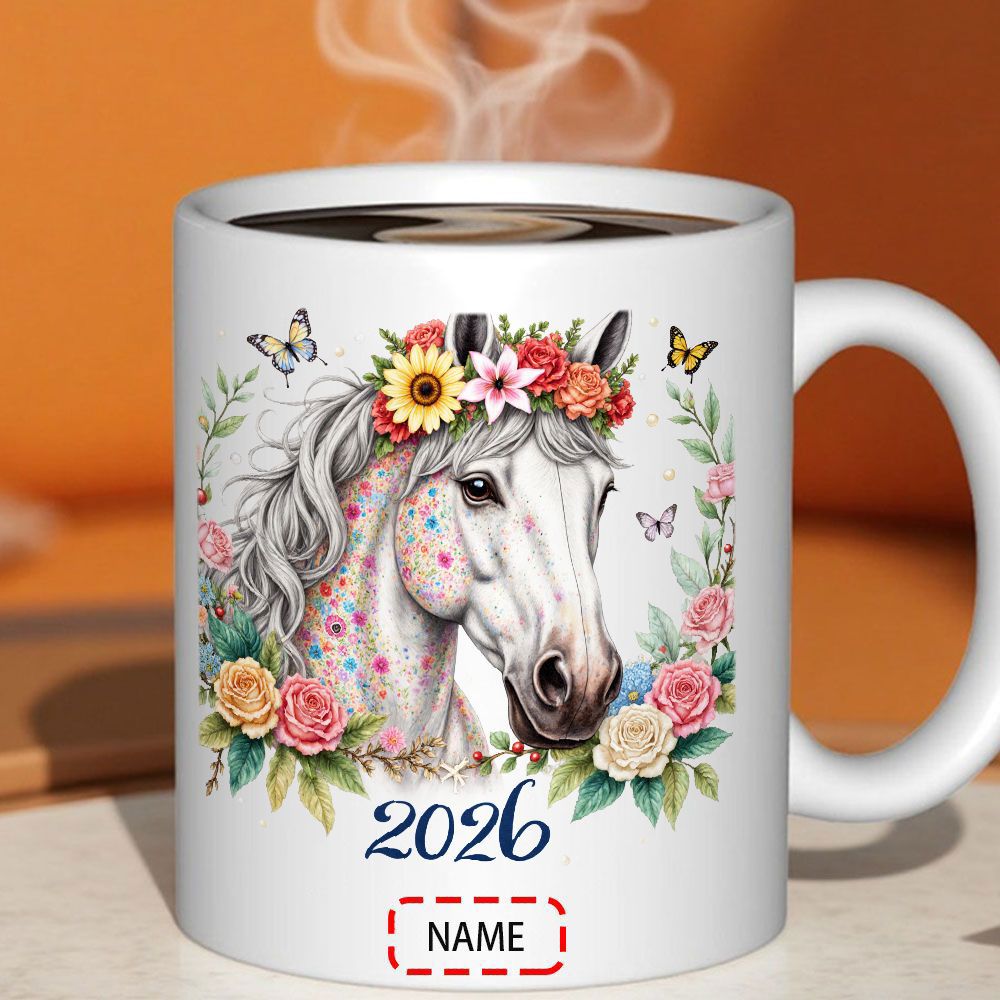 Tailorly White Ceramic 11 oz Mug - 2026 Name Majestic White Stallion With Vibrant Flower Crown Surrounded By Butterflies Horse