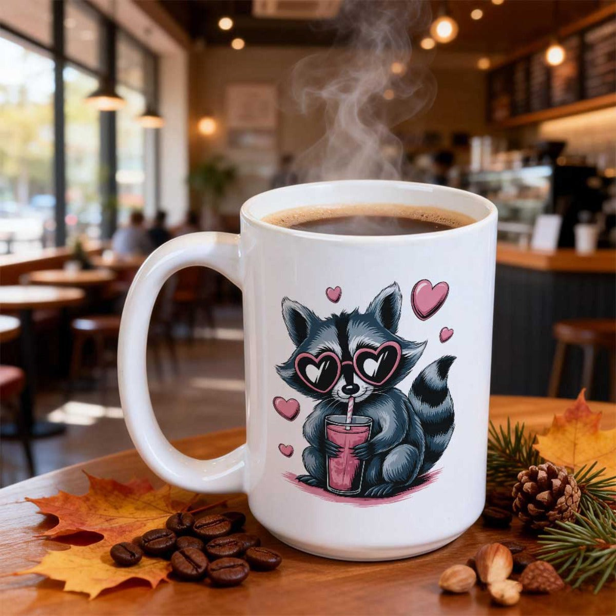 Tailorly White Ceramic 11 oz Mug - Adorable Cartoon Raccoon Wearing Heart Glasses Sipping Juice Under Pink Hearts Raccoon