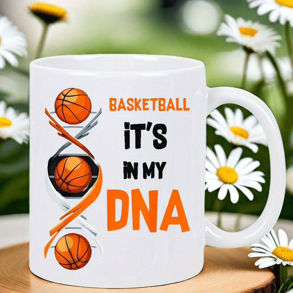 Tailorly White Ceramic 11 oz Mug - Basketball Its In My DNA Triple Textured Orange Balls Arranged Within A Creative Double Helix Basketball