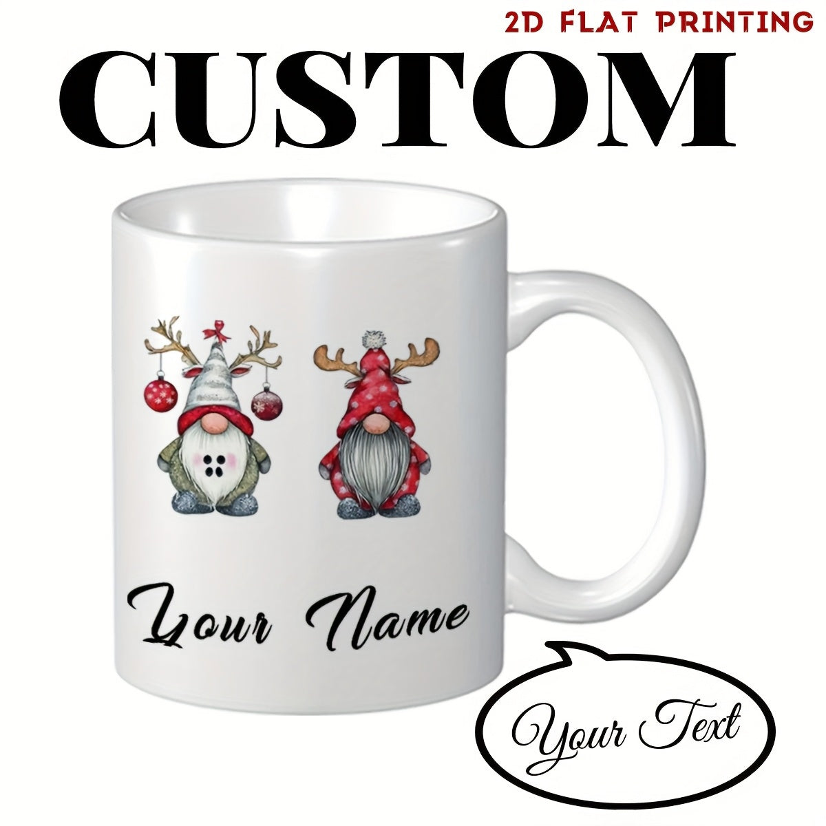 Tailorly White Ceramic 11 oz Mug - Custom Your Name Two Festive Christmas Gnomes Wearing Reindeer Antlers With Hanging Ornaments Gnomes