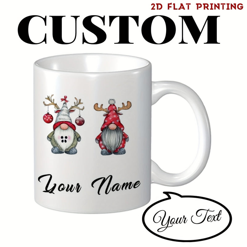 Tailorly White Ceramic 11 oz Mug - Custom Your Name Two Festive Christmas Gnomes Wearing Reindeer Antlers With Hanging Ornaments Gnomes