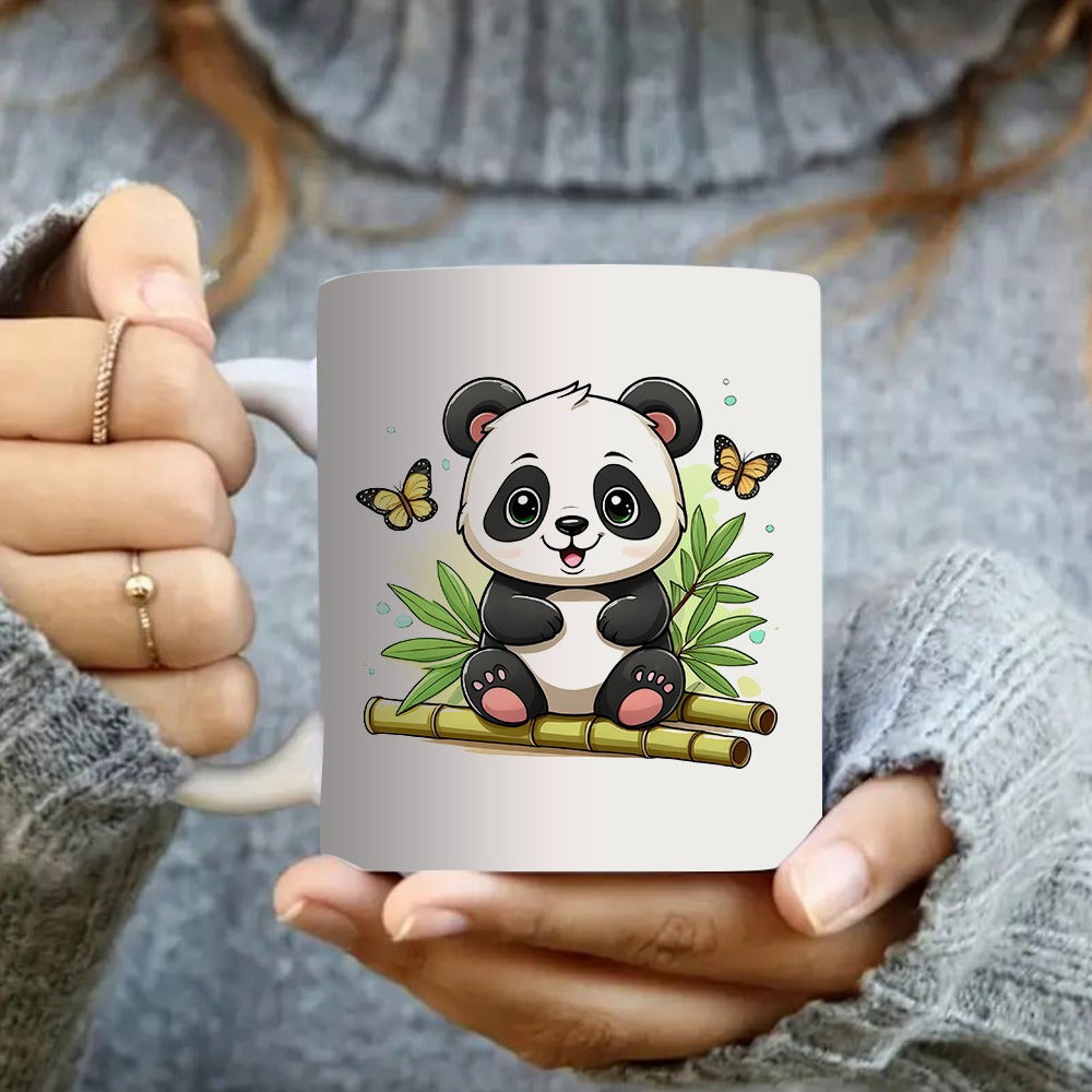 Tailorly White Ceramic 11 oz Mug - Charming Little Giant Sitting On Bamboo Surrounded By Fluttering Colorful Butterflies Panda