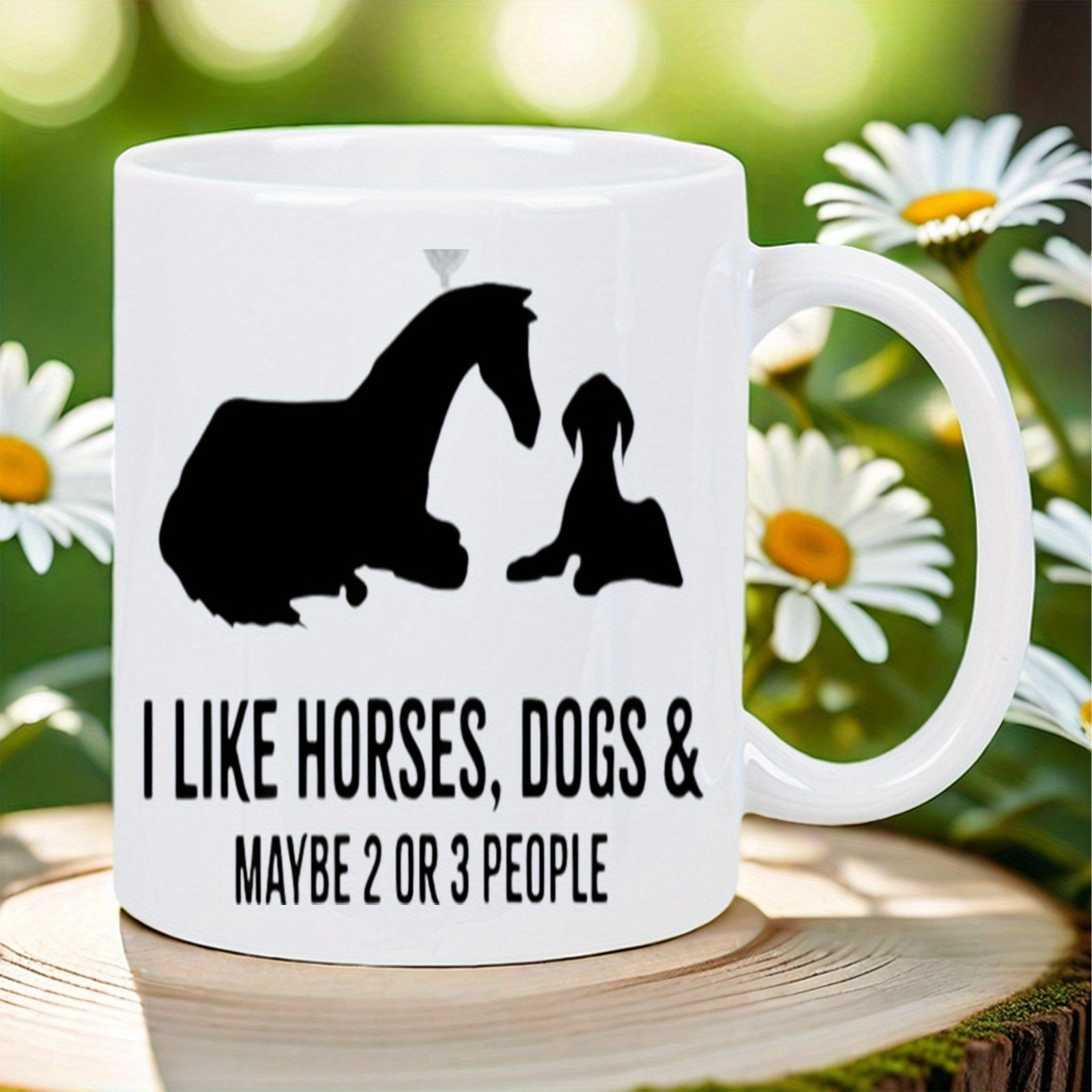 Tailorly White Ceramic 11 oz Mug - I Like Horses Dogs Maybe 2 Or 3 People Minimalist Silhouette Of A Dog And Horse Sitting Face To Face Horse