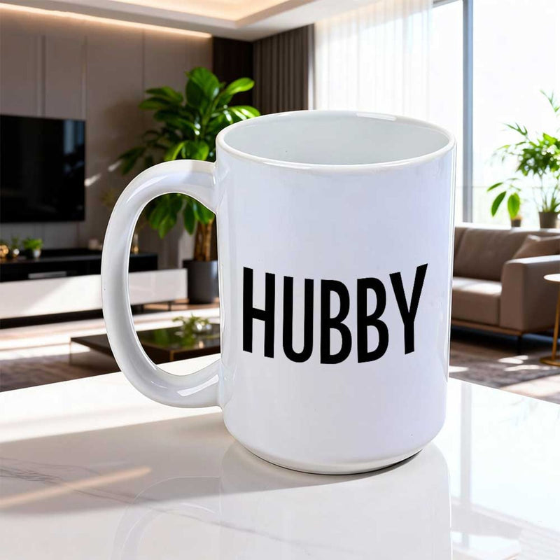 Tailorly White Ceramic 11 oz Mug - Hubby Minimalist Large White Ceramic Cup On Shiny Interior Table Mug