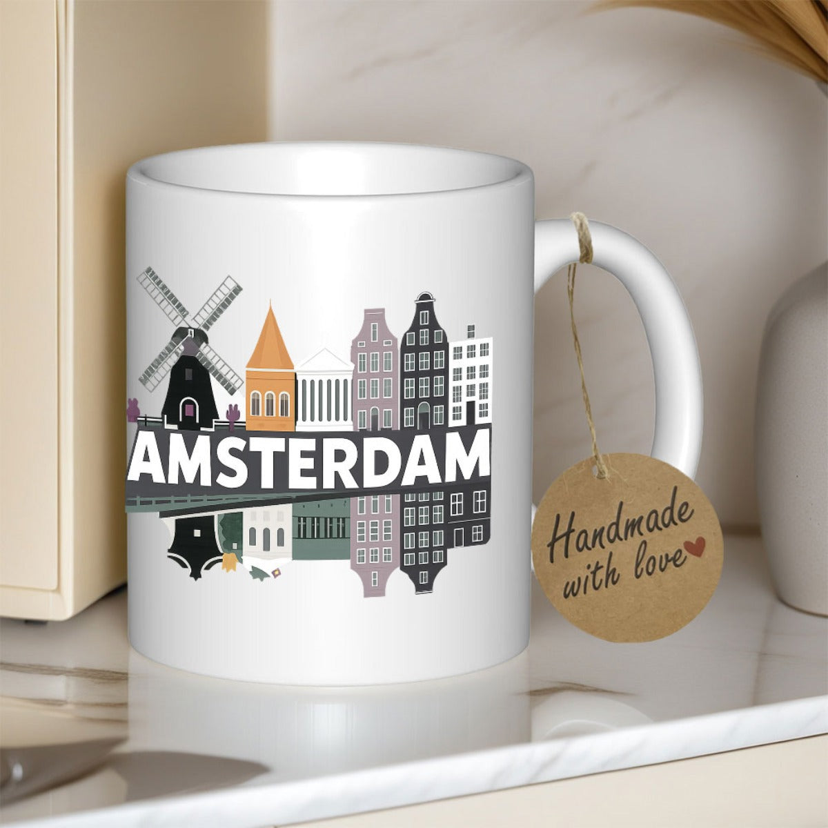 Tailorly White Ceramic 11 oz Mug - Amsterdam Colorful Traditional Dutch Canal Houses And Iconic Windmill Silhouette Cityscape Skyline