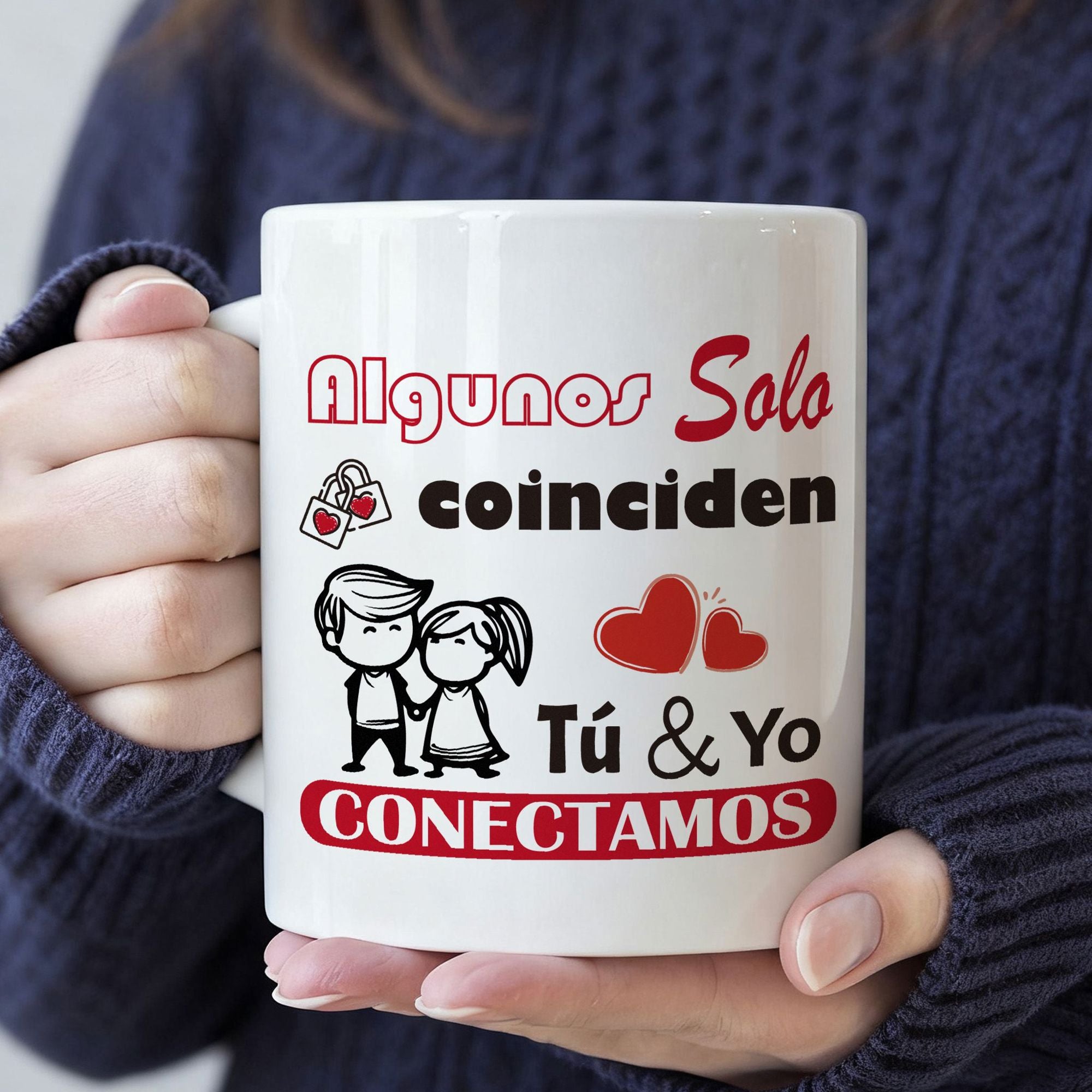 Tailorly White Ceramic 11 oz Mug - Simple Hand Drawn Cartoon Couple Holding Hands Among Floating Red Hearts Couple