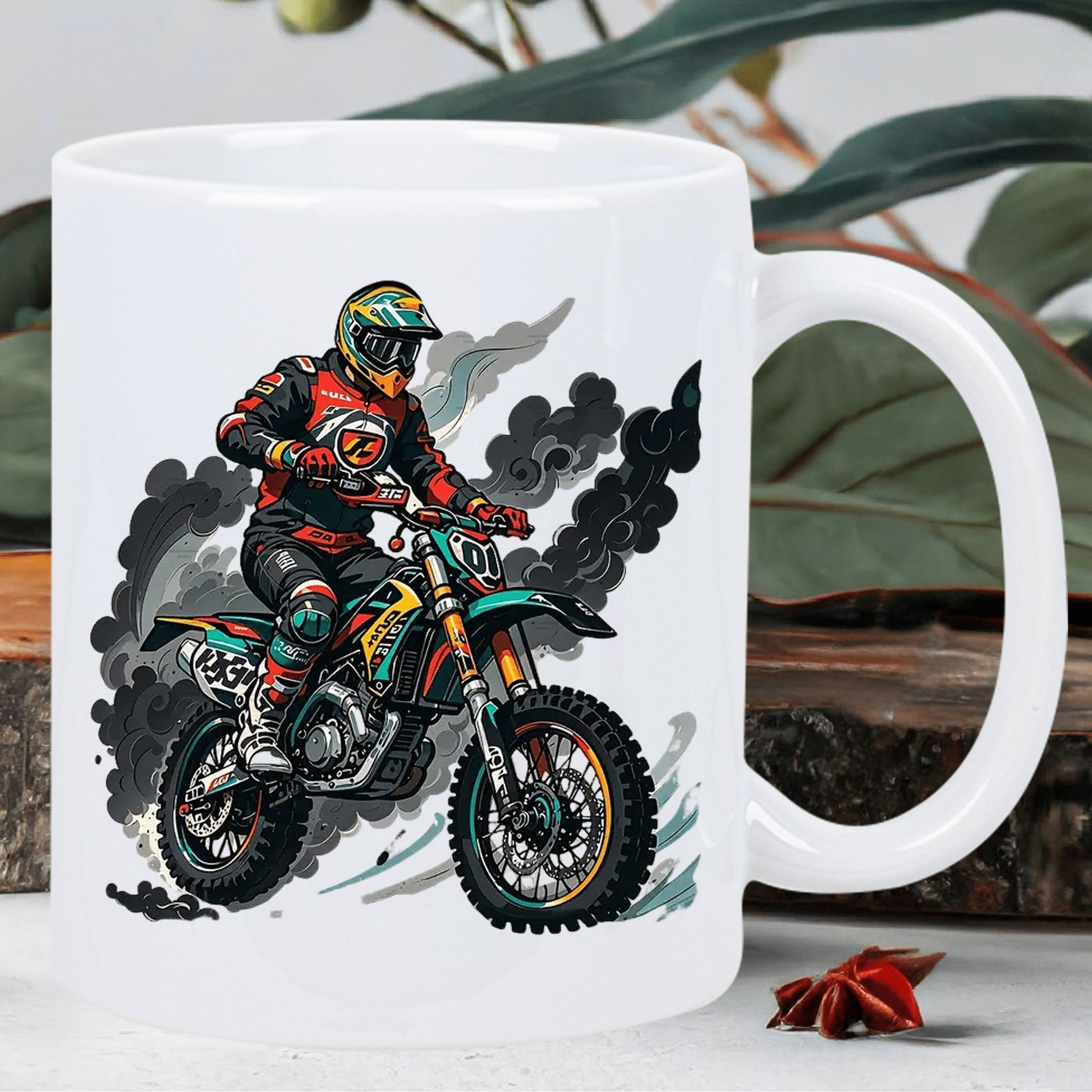 Tailorly White Ceramic 11 oz Mug - Action Packed Professional Racing Motorcyclist Performing Stunts Among Thick Grey Smoke Biker