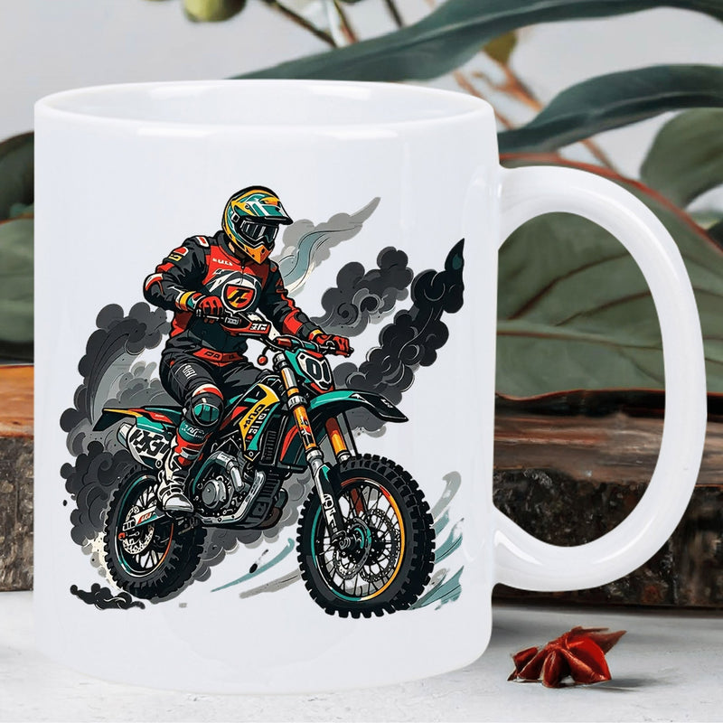 Tailorly White Ceramic 11 oz Mug - Action Packed Professional Racing Motorcyclist Performing Stunts Among Thick Grey Smoke Biker
