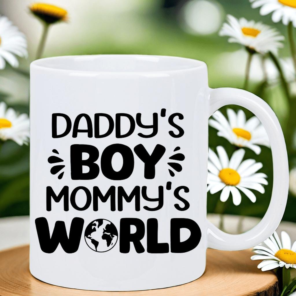 Tailorly White Ceramic 11 oz Mug - Daddys Boy Mommys World Minimalist Artistic Globe Icon Integrated Into Bold Stylized Typography Design Mug