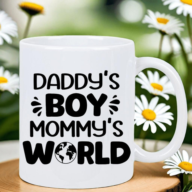 Tailorly White Ceramic 11 oz Mug - Daddys Boy Mommys World Minimalist Artistic Globe Icon Integrated Into Bold Stylized Typography Design Mug