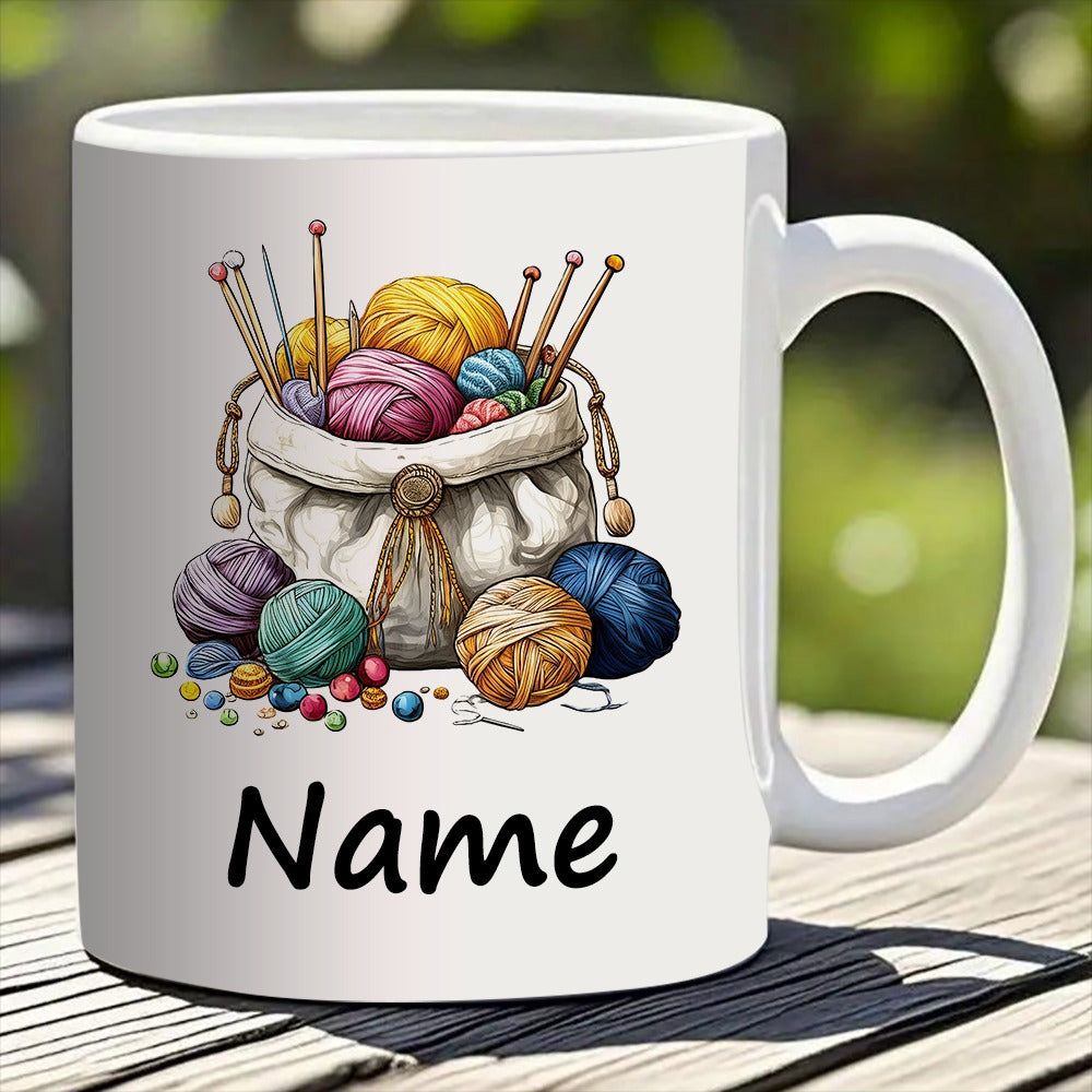 Tailorly White Ceramic 11 oz Mug - Name Vibrant Colorful Soft Wool Balls Inside A Rustic Fabric Knitting Bag Knitting Kit