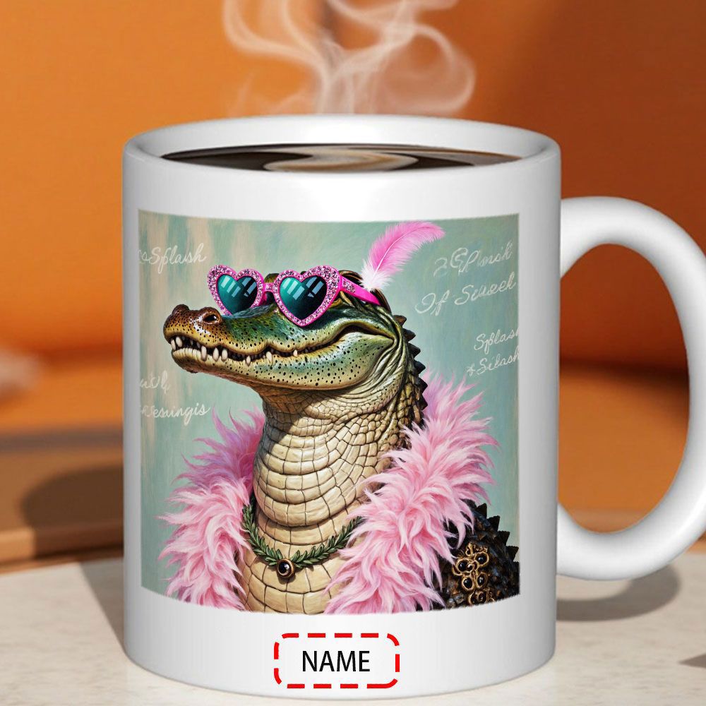 Tailorly White Ceramic 11 oz Mug - Name Stylish Alligator Wearing Heart Shaped Sunglasses And A Pink Feather Boa Alligator