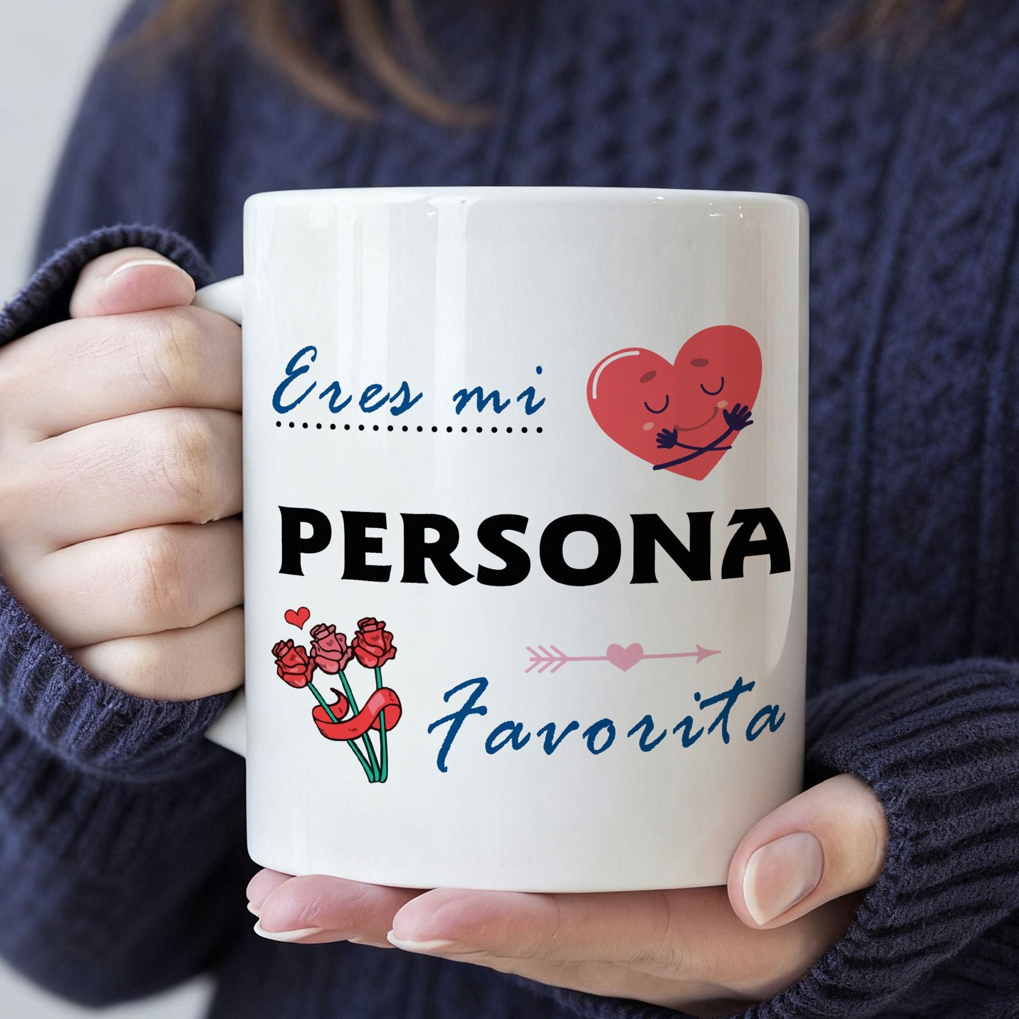 Tailorly White Ceramic 11 oz Mug - Cute Smiling Red Heart With Bouquet Of Roses And Cupid Arrow Heart