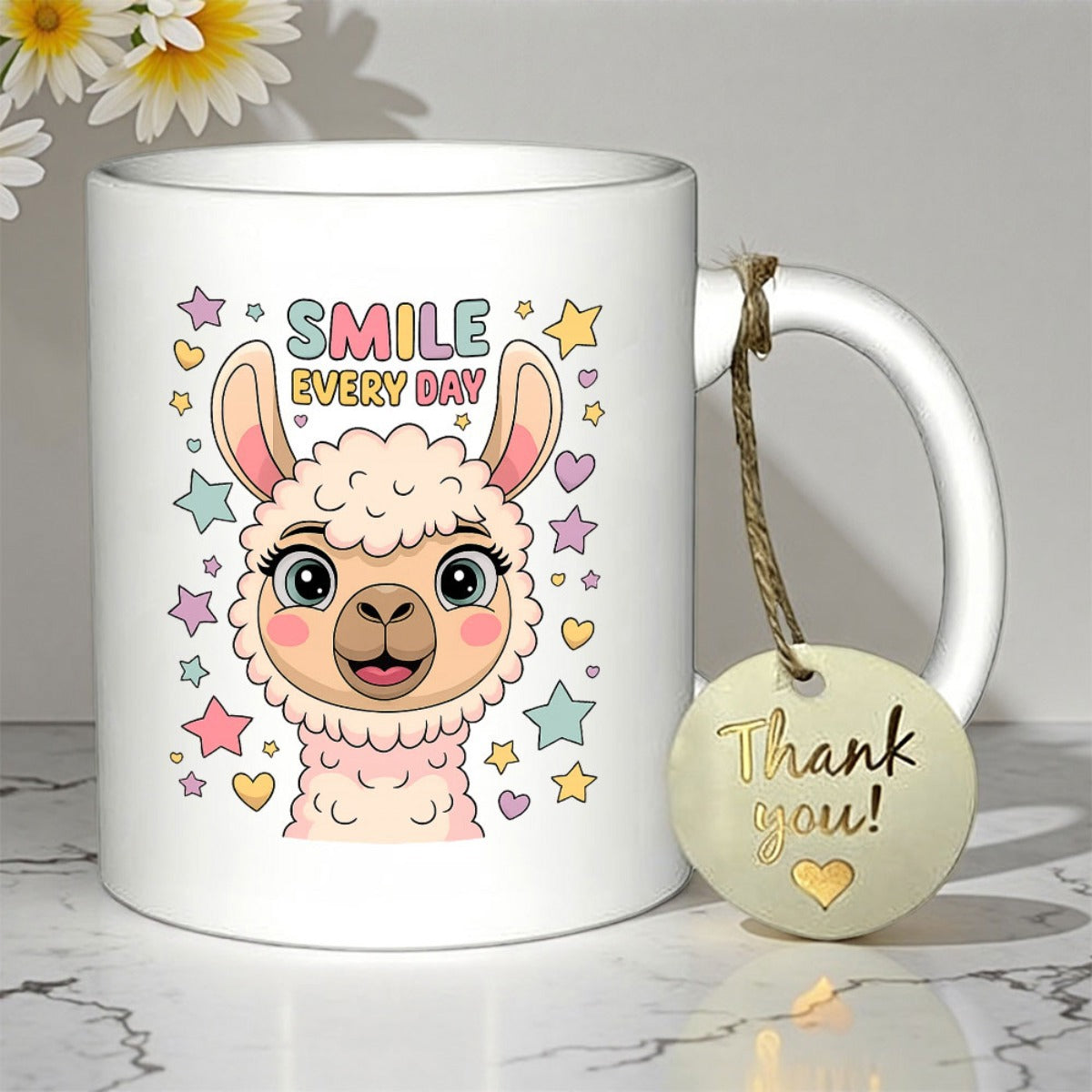 Tailorly White Ceramic 11 oz Mug - Smile Every Day Cute Fluffy Cartoon Featuring Colorful Stars And Hearts Alpaca