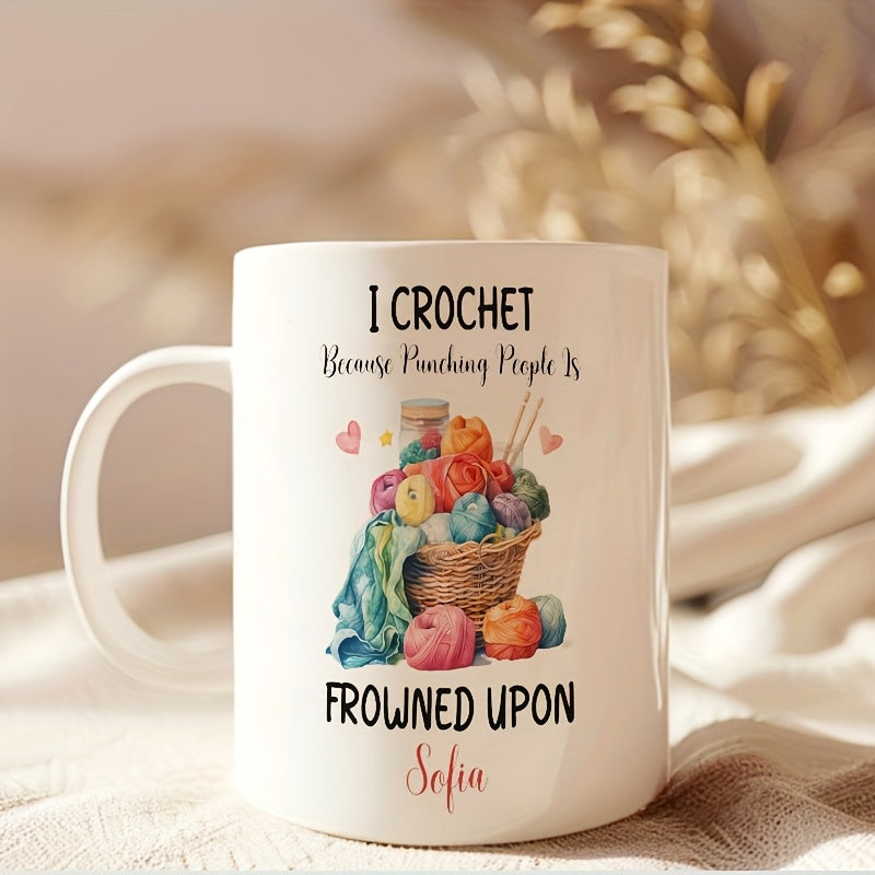 Tailorly White Ceramic 11 oz Mug - I Crochet Because Punching People Is Frowned Upon Sofia Colorful Yarn Balls Nestled Inside A Woven Wicker Basket