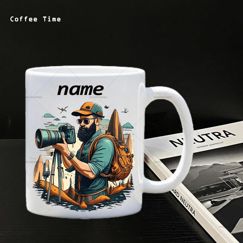 Tailorly White Ceramic 11 oz Mug - Coffee Time Rugged Bearded Man Using Professional Camera Equipment In The Mountains Photographer