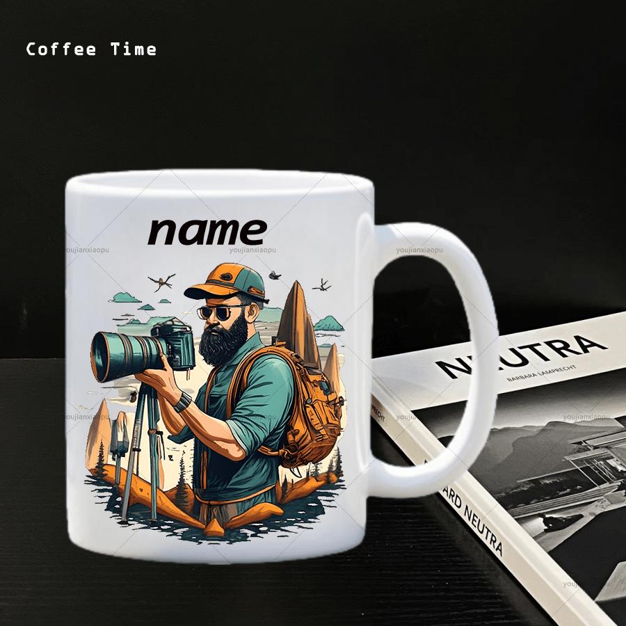 Tailorly White Ceramic 11 oz Mug - Coffee Time Rugged Bearded Man Using Professional Camera Equipment In The Mountains Photographer