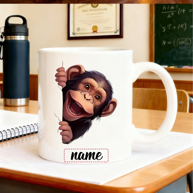 Tailorly White Ceramic 11 oz Mug - Name Playful Smiling Chimpanzee Peeking From Behind Edge With Realistic Brown Fur Chimpanzee