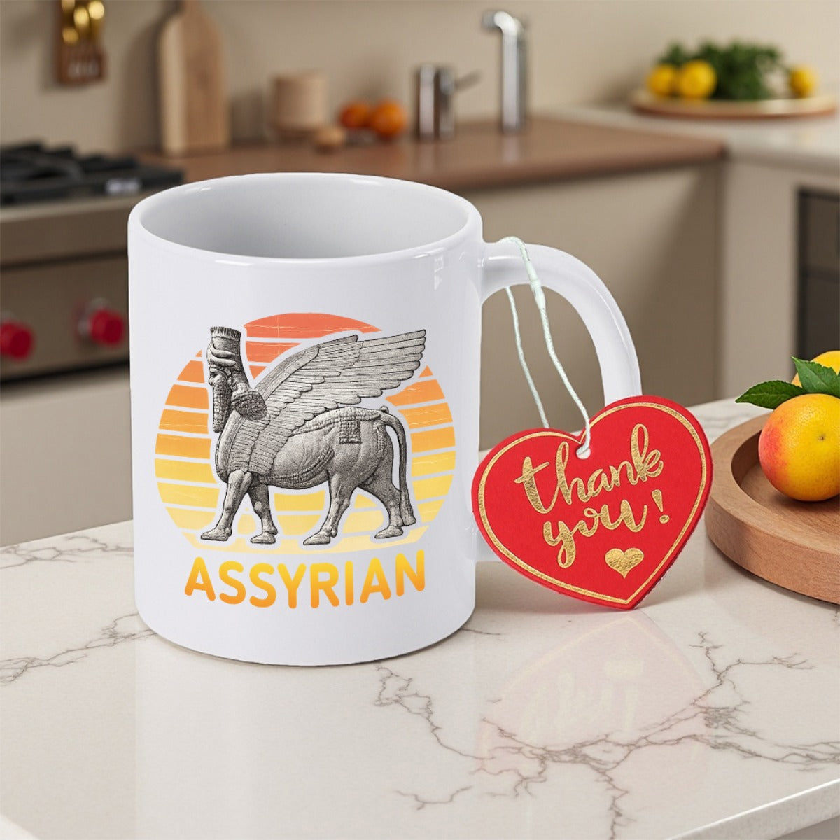 Tailorly White Ceramic 11 oz Mug - Assyrian Ancient Mythical Winged Bull Standing Against A Retro Style Sunset Lamassu