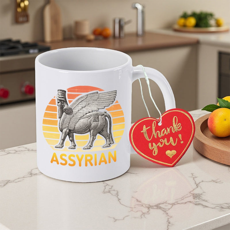 Tailorly White Ceramic 11 oz Mug - Assyrian Ancient Mythical Winged Bull Standing Against A Retro Style Sunset Lamassu