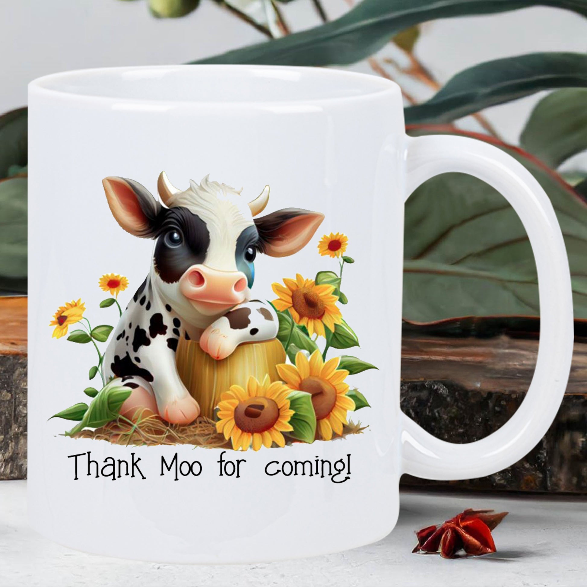 Tailorly White Ceramic 11 oz Mug - Thank Moo For Coming Cute Spotted Calf Sitting Among Blooming Sunflowers And Pumpkin Cow