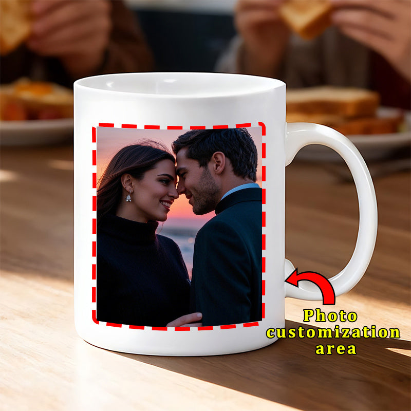 Tailorly White Ceramic 11 oz Mug - Photo Customization Area Romantic Couple Standing Together During Warm Golden Sunset Hour Couple