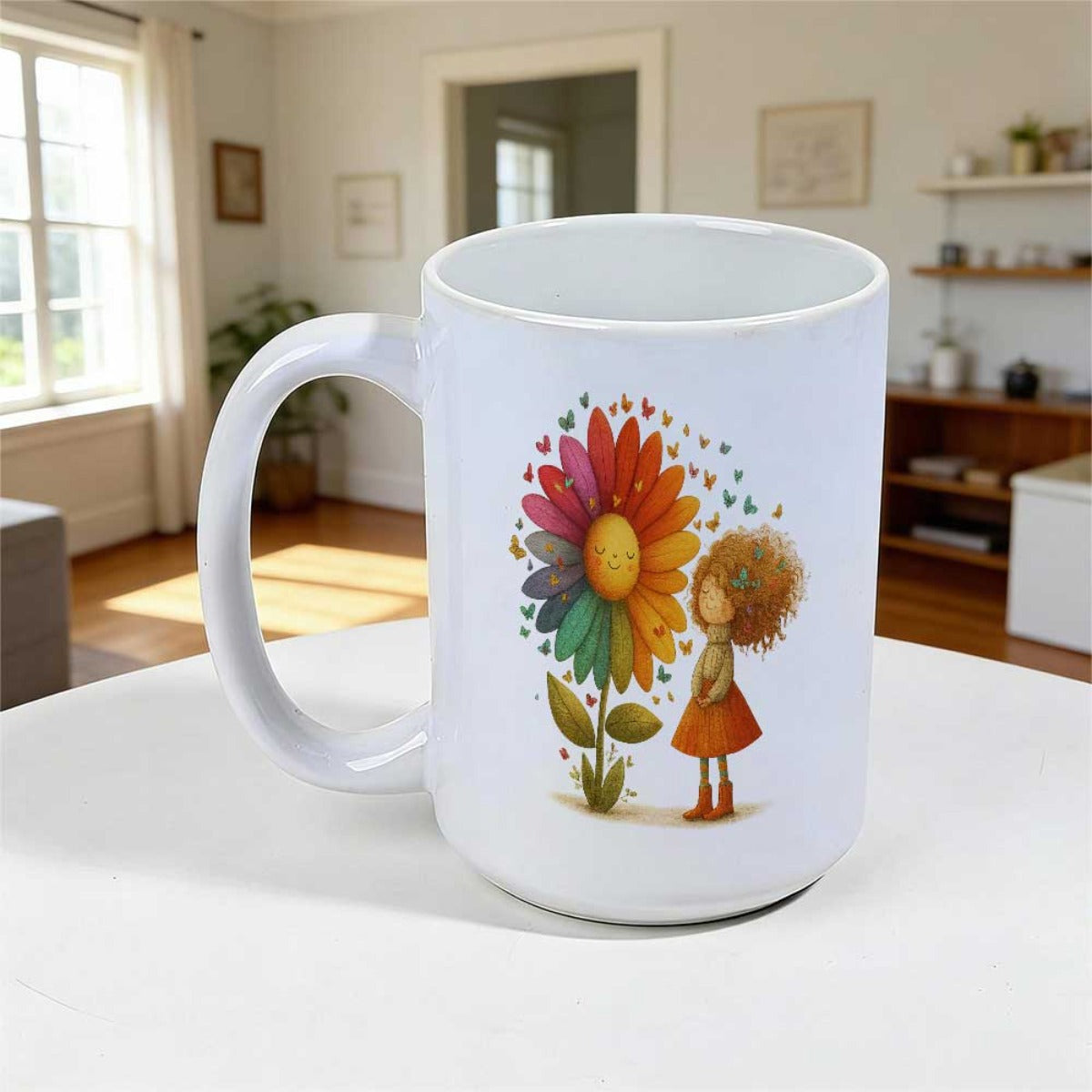 Tailorly White Ceramic 11 oz Mug - Colorful Rainbow Petals With Cute Girl Standing In Whimsical Garden Flower