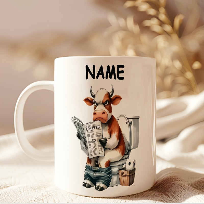 Tailorly White Ceramic 11 oz Mug - Name Grumpy Brown White Animal Sitting On A Toilet Reading Newspaper Cow