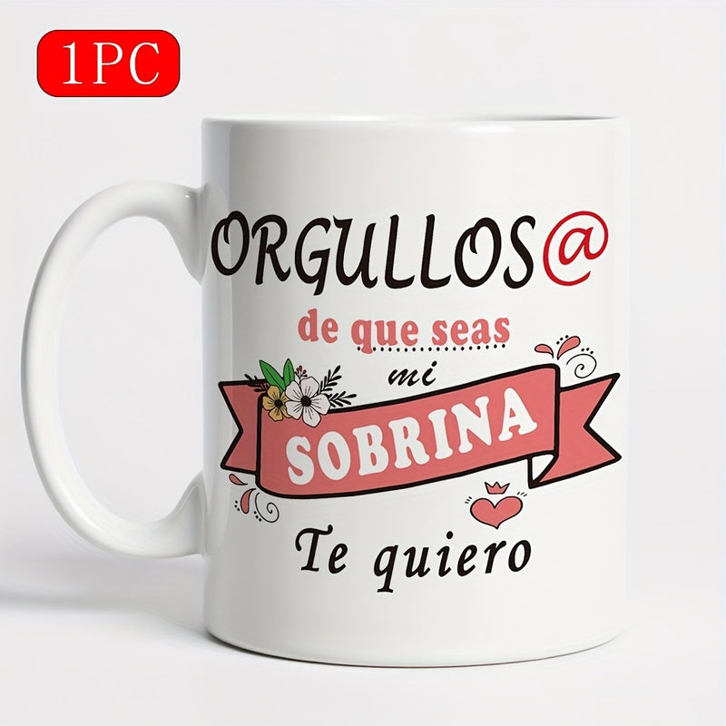 Tailorly White Ceramic 11 oz Mug - 1PC Elegant Floral Pattern Featuring Pink Ribbon And Small Heart Mug