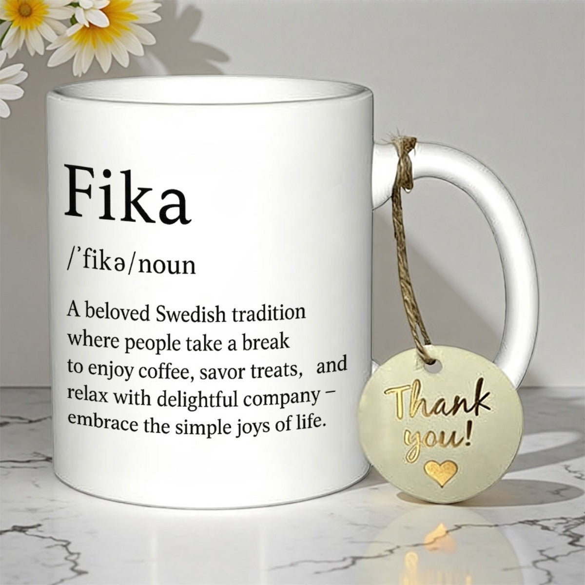 Tailorly White Ceramic 11 oz Mug - Fika Swedish Tradition Coffee Break Clean Minimalist Ceramic Vessel Displaying Meaningful Dictionary Definition Typography On