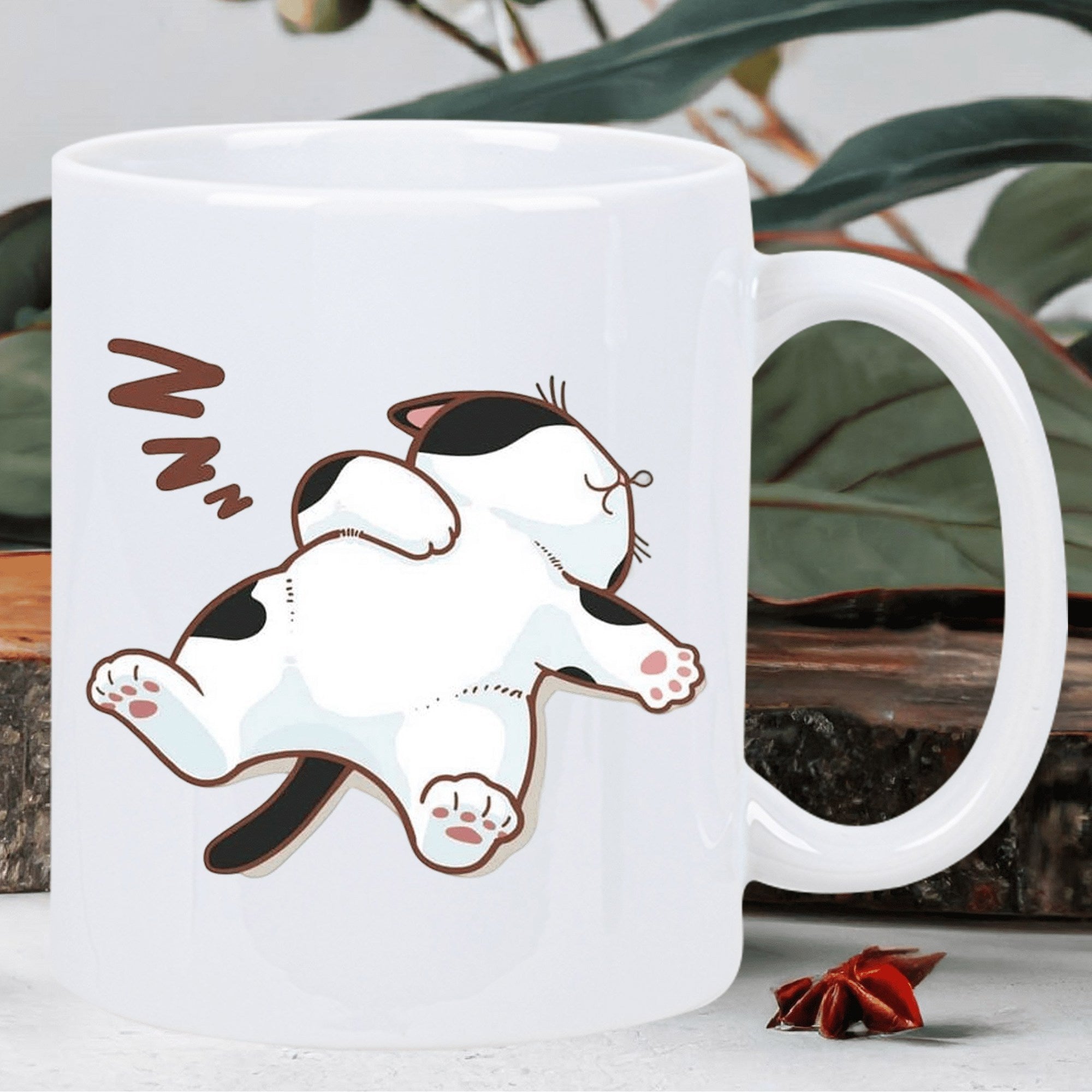 Tailorly White Ceramic 11 oz Mug - Zzz Adorable Round White Feline With Black Patches Napping On Its Back Cat